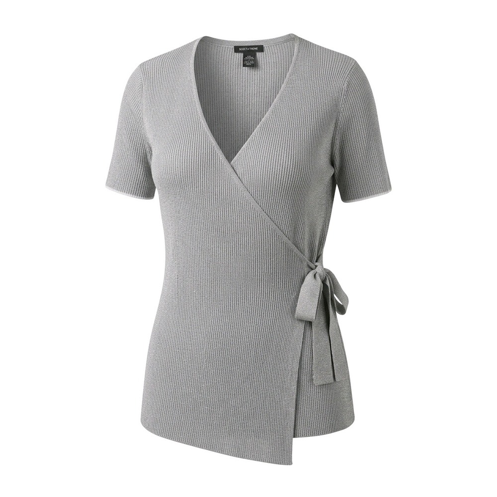 Select + Trend Womens 2X Grey Ribbed Knit Short Sleeve Side Tie Wrap Top Blouse